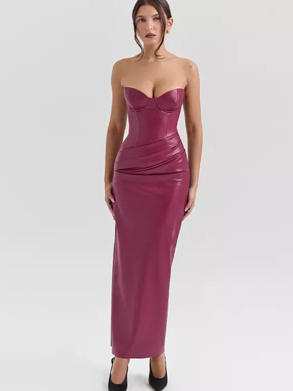 Faux Leather Corset Dress For Women - Wine Red Gothic Lace Up Back Ruched Long Dress - Summer Club Night Outfits 2026