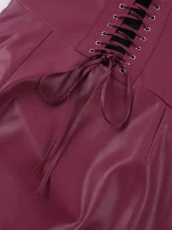Faux Leather Corset Dress For Women - Wine Red Gothic Lace Up Back Ruched Long Dress - Summer Club Night Outfits 2026