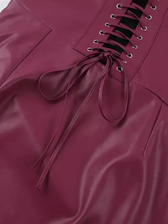 Faux Leather Corset Dress For Women - Wine Red Gothic Lace Up Back Ruched Long Dress - Summer Club Night Outfits 2026