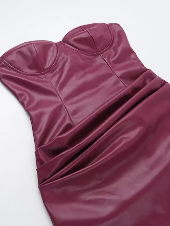 Faux Leather Corset Dress For Women - Wine Red Gothic Lace Up Back Ruched Long Dress - Summer Club Night Outfits 2026