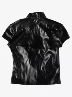 Faux Leather Crop Top For Women - Black Sexy Cutout Mock Neck Short Sleeve Top - Summer Rave Clubwear 2026