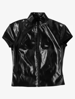 Faux Leather Crop Top For Women - Black Sexy Cutout Mock Neck Short Sleeve Top - Summer Rave Clubwear 2026