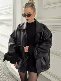 Faux Leather Relaxed Fit Retro Jacket For Women 2026