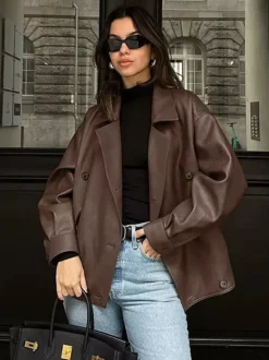 Faux Leather Relaxed Fit Retro Jacket For Women 2026