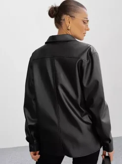 Faux Leather Shirt Women's Button Down Shacket - Minimalist Collared Long Sleeve Top - Oversized Streetwear Spring Outfits 2026