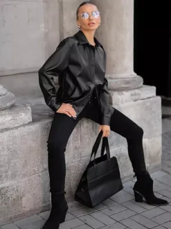 Faux Leather Shirt Women's Button Down Shacket - Minimalist Collared Long Sleeve Top - Oversized Streetwear Spring Outfits 2026