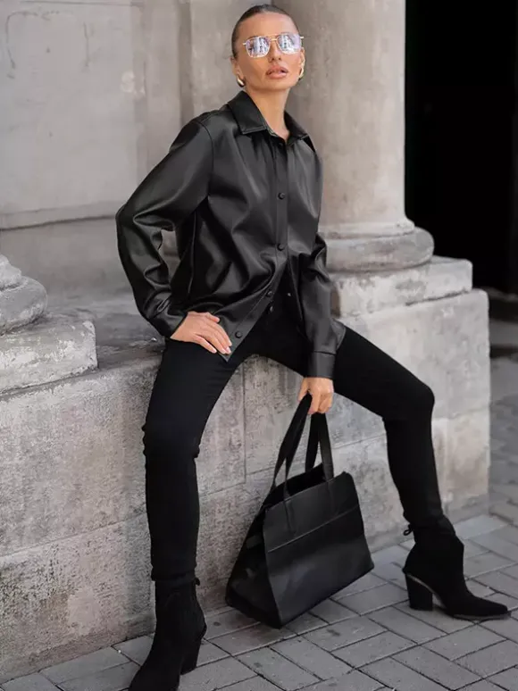 Faux Leather Shirt Women's Button Down Shacket - Minimalist Collared Long Sleeve Top - Oversized Streetwear Spring Outfits 2026