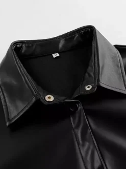 Faux Leather Shirt Women's Button Down Shacket - Minimalist Collared Long Sleeve Top - Oversized Streetwear Spring Outfits 2026