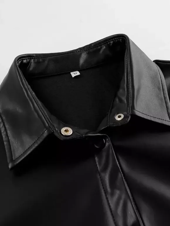 Faux Leather Shirt Women's Button Down Shacket - Minimalist Collared Long Sleeve Top - Oversized Streetwear Spring Outfits 2026
