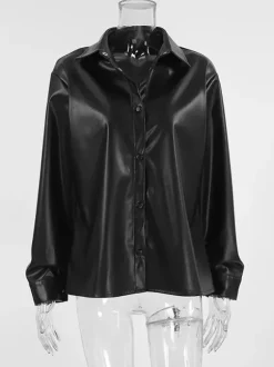 Faux Leather Shirt Women's Button Down Shacket - Minimalist Collared Long Sleeve Top - Oversized Streetwear Spring Outfits 2026