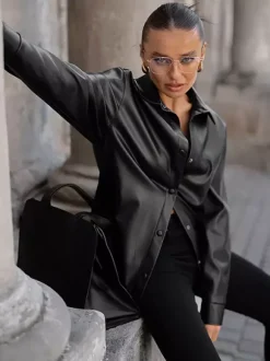 Faux Leather Shirt Women's Button Down Shacket - Minimalist Collared Long Sleeve Top - Oversized Streetwear Spring Outfits 2026