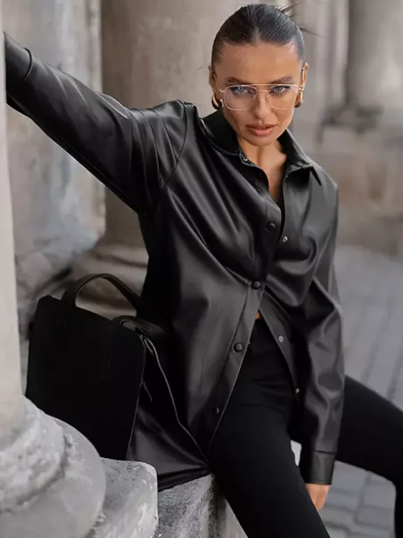 Faux Leather Shirt Women's Button Down Shacket - Minimalist Collared Long Sleeve Top - Oversized Streetwear Spring Outfits 2026