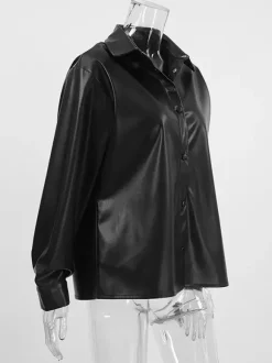 Faux Leather Shirt Women's Button Down Shacket - Minimalist Collared Long Sleeve Top - Oversized Streetwear Spring Outfits 2026