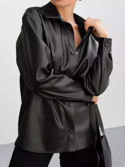 Faux Leather Shirt Women's Button Down Shacket - Minimalist Collared Long Sleeve Top - Oversized Streetwear Spring Outfits 2026