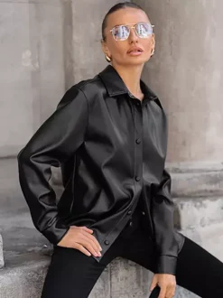 Faux Leather Shirt Women's Button Down Shacket - Minimalist Collared Long Sleeve Top - Oversized Streetwear Spring Outfits 2026