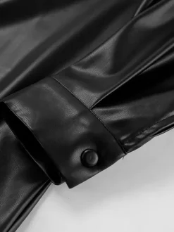 Faux Leather Shirt Women's Button Down Shacket - Minimalist Collared Long Sleeve Top - Oversized Streetwear Spring Outfits 2026