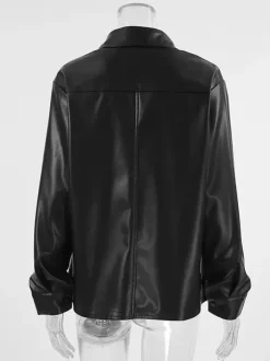 Faux Leather Shirt Women's Button Down Shacket - Minimalist Collared Long Sleeve Top - Oversized Streetwear Spring Outfits 2026