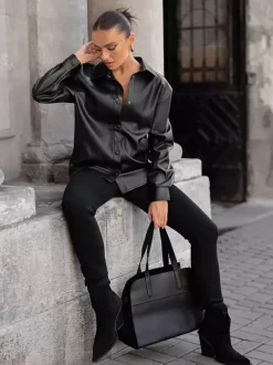 Faux Leather Shirt Women's Button Down Shacket - Minimalist Collared Long Sleeve Top - Oversized Streetwear Spring Outfits 2026