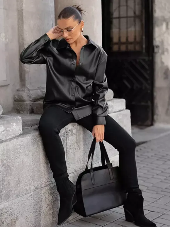 Faux Leather Shirt Women's Button Down Shacket - Minimalist Collared Long Sleeve Top - Oversized Streetwear Spring Outfits 2026