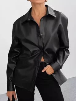 Faux Leather Shirt Women's Button Down Shacket - Minimalist Collared Long Sleeve Top - Oversized Streetwear Spring Outfits 2026