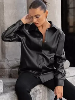 Faux Leather Shirt Women's Button Down Shacket - Minimalist Collared Long Sleeve Top - Oversized Streetwear Spring Outfits 2026