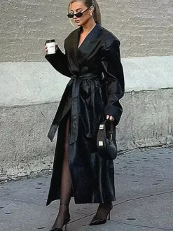 Faux Leather Trench Coat Women - Single Breasted Belted Maxi Jacke - Spring Chic Street Outerwear 2026