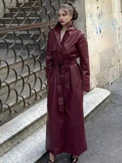 Faux Leather Trench Coat Women - Single Breasted Belted Maxi Jacke - Spring Chic Street Outerwear 2026