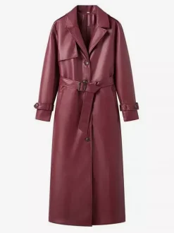 Faux Leather Trench Coat Women - Single Breasted Belted Maxi Jacke - Spring Chic Street Outerwear 2026