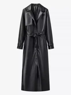 Faux Leather Trench Coat Women - Single Breasted Belted Maxi Jacke - Spring Chic Street Outerwear 2026
