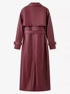 Faux Leather Trench Coat Women - Single Breasted Belted Maxi Jacke - Spring Chic Street Outerwear 2026