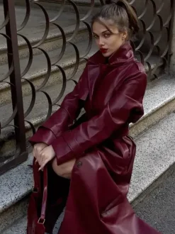 Faux Leather Trench Coat Women - Single Breasted Belted Maxi Jacke - Spring Chic Street Outerwear 2026