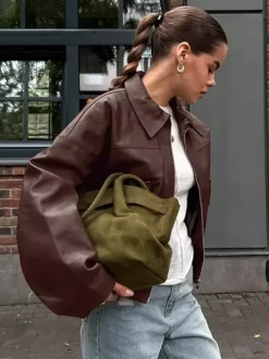Faux Leather Women's Biker Jacket - Retro Oversized Lapel Collar Moto Coat - Vintage Zip Up Streetwear Spring Outfits 2026
