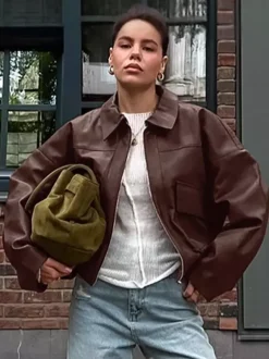 Faux Leather Women's Biker Jacket - Retro Oversized Lapel Collar Moto Coat - Vintage Zip Up Streetwear Spring Outfits 2026