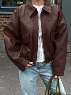Faux Leather Women's Biker Jacket - Retro Oversized Lapel Collar Moto Coat - Vintage Zip Up Streetwear Spring Outfits 2026