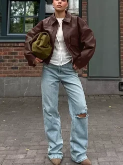 Faux Leather Women's Biker Jacket - Retro Oversized Lapel Collar Moto Coat - Vintage Zip Up Streetwear Spring Outfits 2026