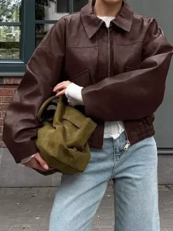 Faux Leather Women's Biker Jacket - Retro Oversized Lapel Collar Moto Coat - Vintage Zip Up Streetwear Spring Outfits 2026