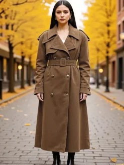 Faux Suede Trench Coat For Women - Retro Double Breasted Belted Maxi Jacket - Spring Commuter Style 2026