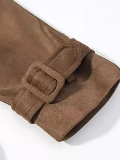 Faux Suede Trench Coat For Women - Retro Double Breasted Belted Maxi Jacket - Spring Commuter Style 2026