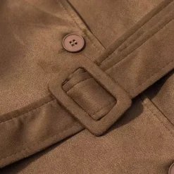 Faux Suede Trench Coat For Women - Retro Double Breasted Belted Maxi Jacket - Spring Commuter Style 2026