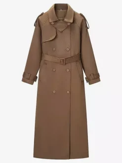 Faux Suede Trench Coat For Women - Retro Double Breasted Belted Maxi Jacket - Spring Commuter Style 2026