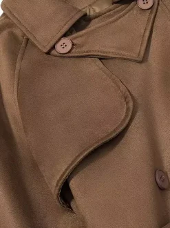 Faux Suede Trench Coat For Women - Retro Double Breasted Belted Maxi Jacket - Spring Commuter Style 2026