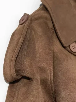 Faux Suede Trench Coat For Women - Retro Double Breasted Belted Maxi Jacket - Spring Commuter Style 2026
