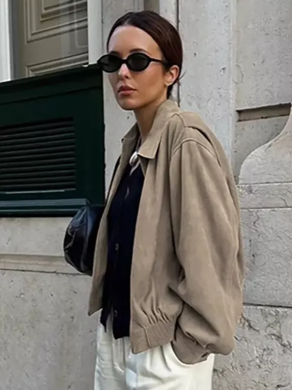 Faux Suede Women's Bomber - Retro Zip Up Elastic Hem Relaxed Fit - Spring Casual Daily Wear 2026