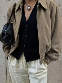 Faux Suede Women's Bomber - Retro Zip Up Elastic Hem Relaxed Fit - Spring Casual Daily Wear 2026