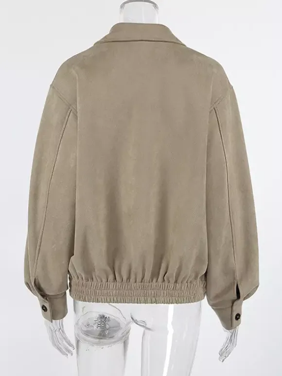 Faux Suede Women's Bomber - Retro Zip Up Elastic Hem Relaxed Fit - Spring Casual Daily Wear 2026