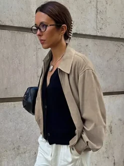 Faux Suede Women's Bomber - Retro Zip Up Elastic Hem Relaxed Fit - Spring Casual Daily Wear 2026