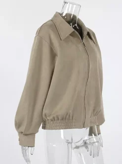 Faux Suede Women's Bomber - Retro Zip Up Elastic Hem Relaxed Fit - Spring Casual Daily Wear 2026