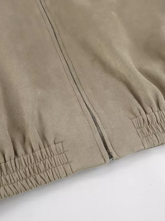 Faux Suede Women's Bomber - Retro Zip Up Elastic Hem Relaxed Fit - Spring Casual Daily Wear 2026