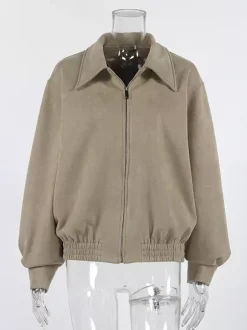 Faux Suede Women's Bomber - Retro Zip Up Elastic Hem Relaxed Fit - Spring Casual Daily Wear 2026