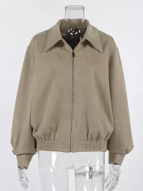 Faux Suede Women's Bomber - Retro Zip Up Elastic Hem Relaxed Fit - Spring Casual Daily Wear 2026